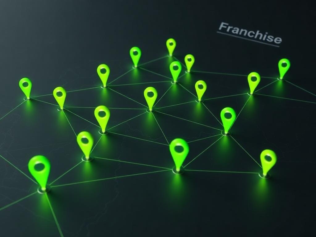 Network of glowing location pins connected across a dark map, representing a franchise network